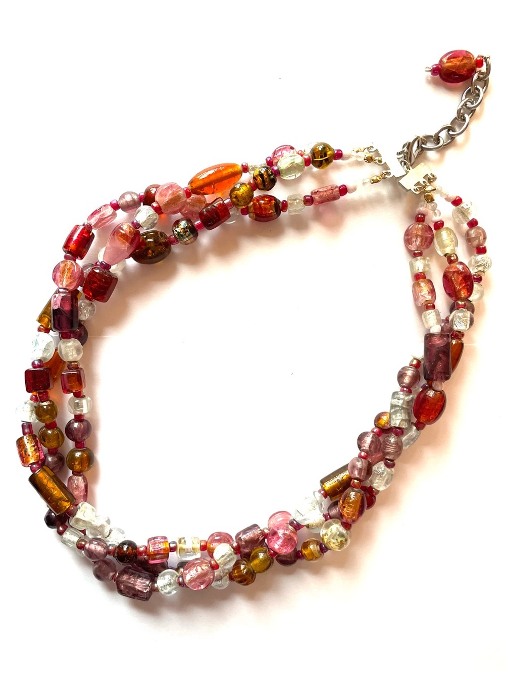 Multi-Strand Pink & Amber Glass Bead Necklace